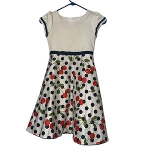 Dorissa girls satin Cherry Print polka dot Dress ivory blue sz 8
